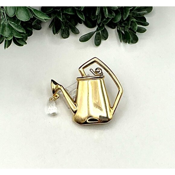 Watering Can Gold-Tone Brooch With Crystal Drop Accent For Garden Enthusiasts - Picture 3 of 4
